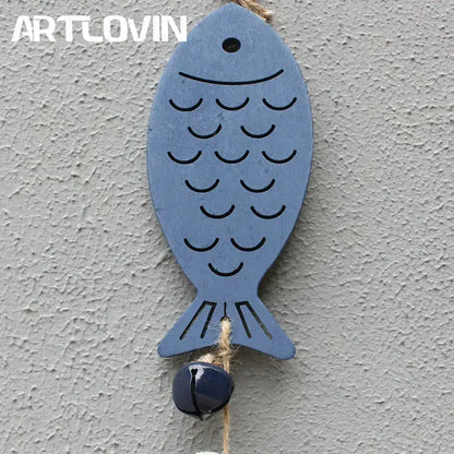 Coastal blue & white fish drift wood bells living room wall decor