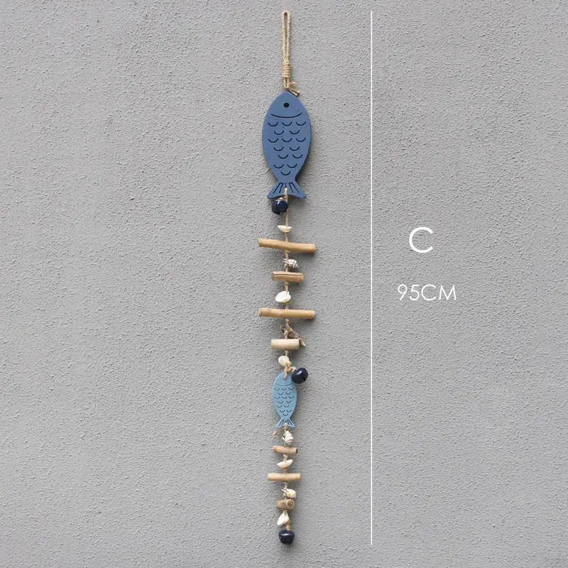Coastal blue & white fish drift wood bells living room wall decor