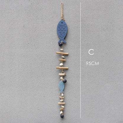 Coastal blue & white fish drift wood bells living room wall decor