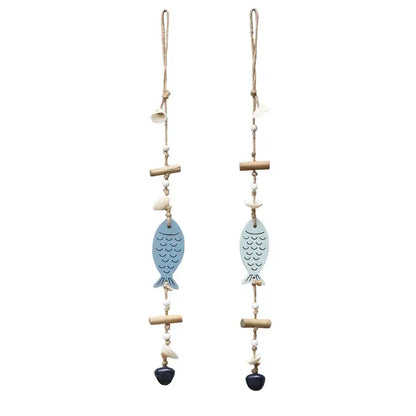 Coastal blue & white fish drift wood bells living room wall decor