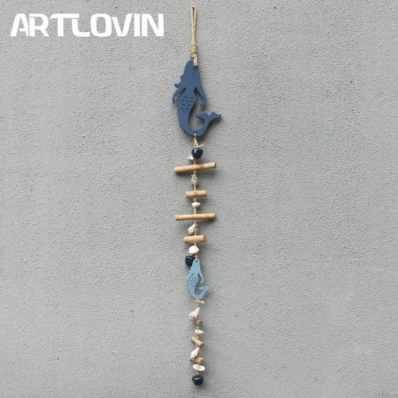 Coastal blue & white fish drift wood bells living room wall decor