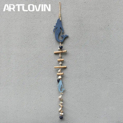 Coastal blue & white fish drift wood bells living room wall decor