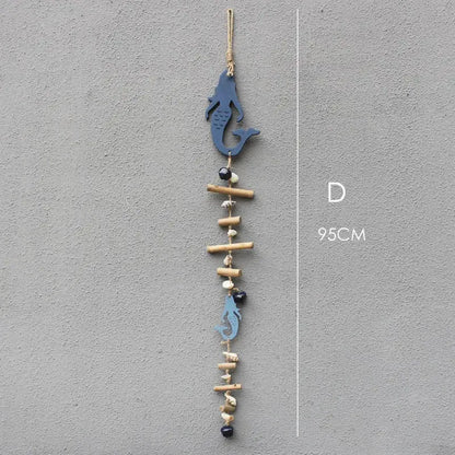 Coastal blue & white fish drift wood bells living room wall decor