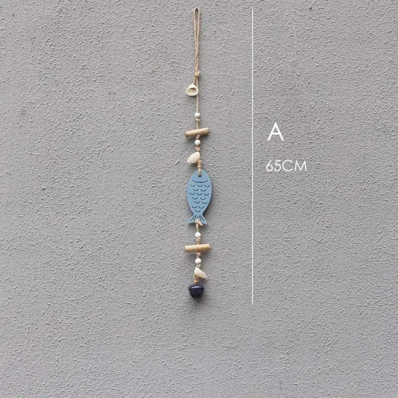 Coastal blue & white fish drift wood bells living room wall decor