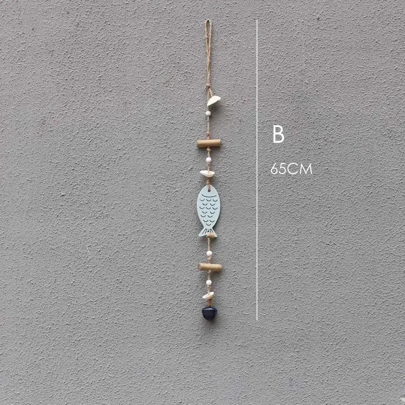 Coastal blue & white fish drift wood bells living room wall decor