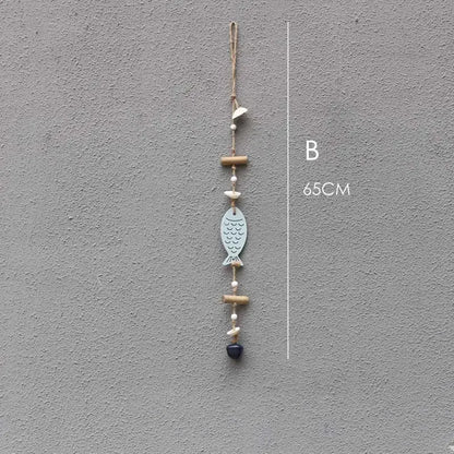 Coastal blue & white fish drift wood bells living room wall decor