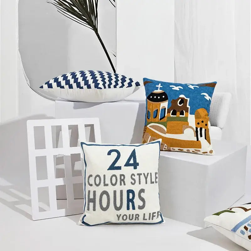 Coastal chic greek architecture cushion cover living room blue & white