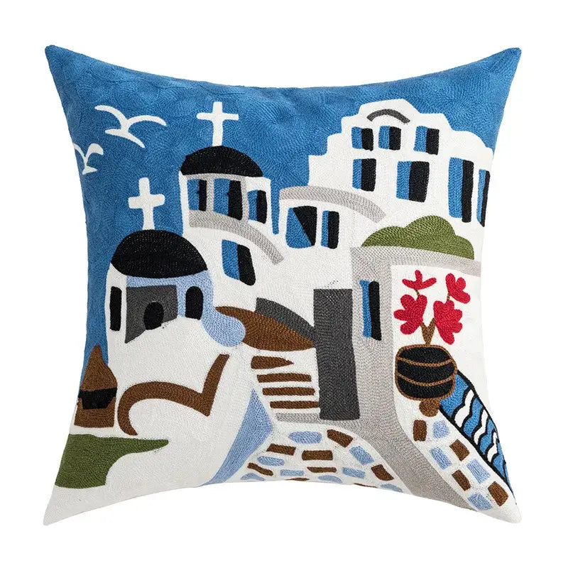 Coastal chic greek architecture cushion cover living room blue & white