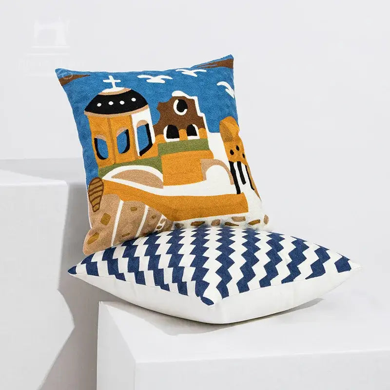 Coastal chic greek architecture cushion cover living room blue & white
