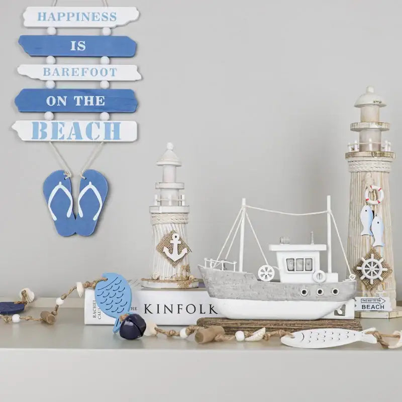 Coastal white & gray wooden ship model living room decor