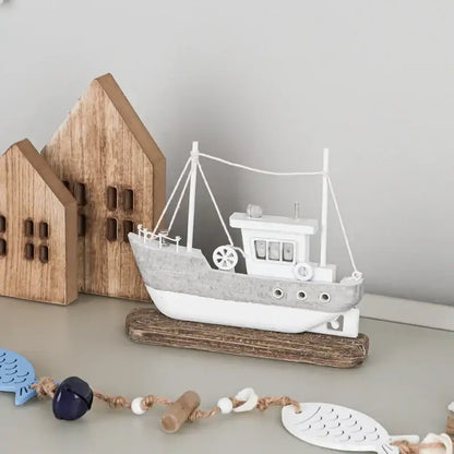 Coastal white & gray wooden ship model living room decor