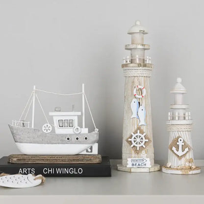 Coastal white & gray wooden ship model living room decor