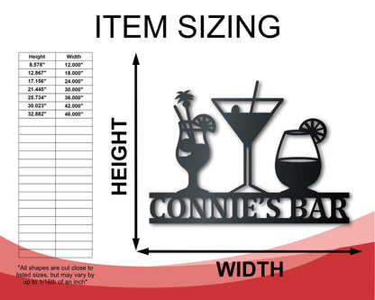 Custom Metal Cocktail Bar Wall Art | Indoor Outdoor | Up to 46" | Over 20 Color Options