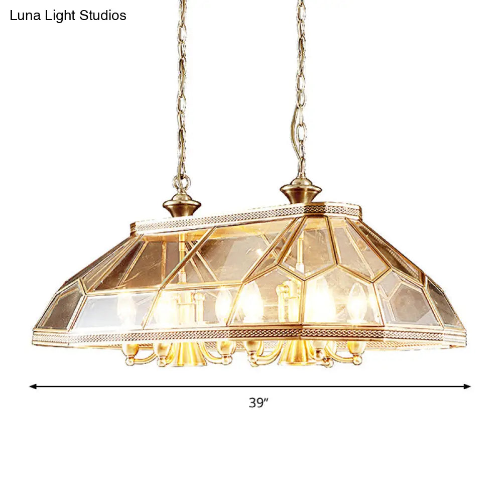 DecorBites™ Colonialist Clear Glass Faceted Living Room Island Light with 12 Brass Hanging Lamp Heads