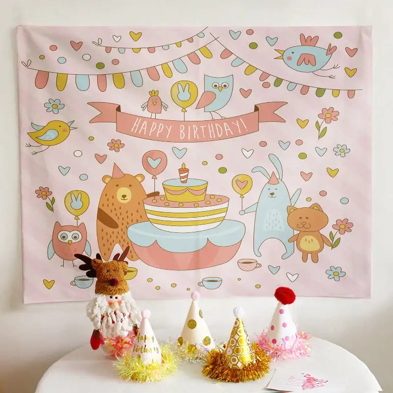 Colorful cartoon animal birthday wall tapestry bedroom backdrop