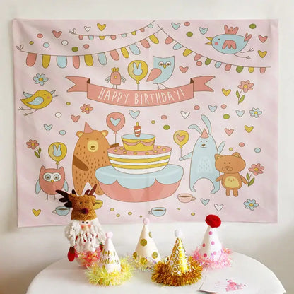 Colorful cartoon animal birthday wall tapestry bedroom backdrop