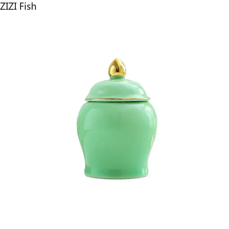 Colorful ceramic storage jar with gold lid kitchen tea caddy