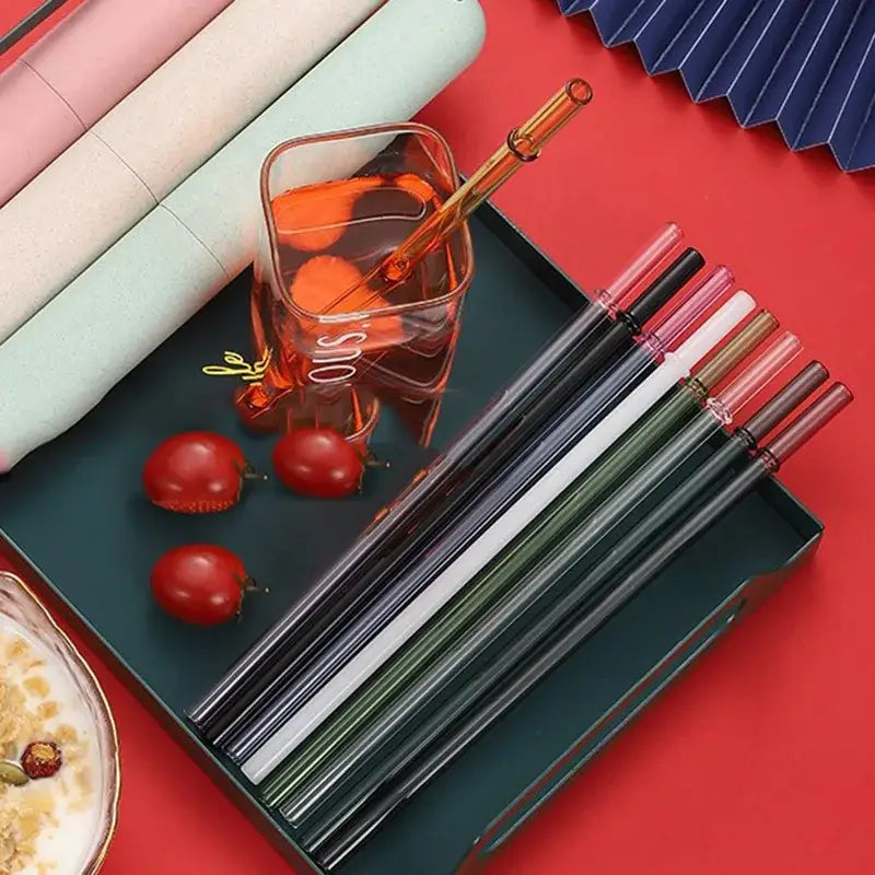 Colorful glass bent straw set kitchen reusable drinking straws