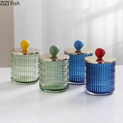 Colorful glass tea canister set with gold ceramic lids kitchen storage jar