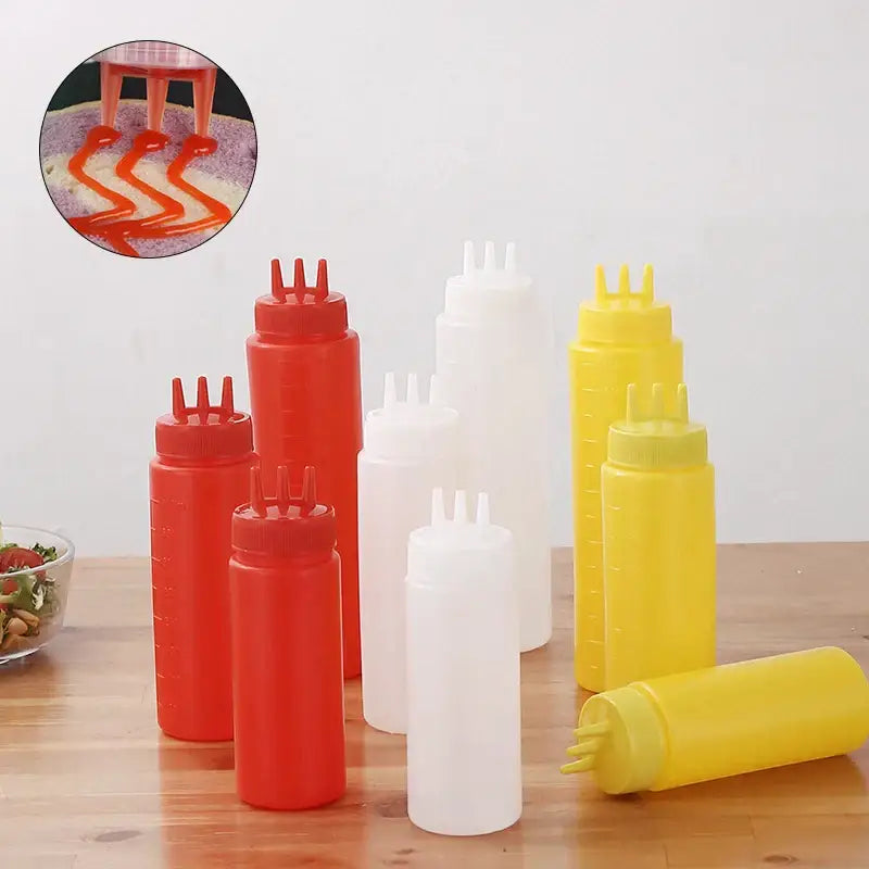 Colorful multi prong condiment squeeze bottle set kitchen sauce dispenser