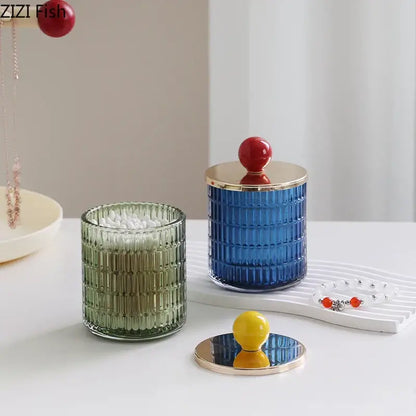 Colorful ribbed glass tea canister set kitchen storage jar