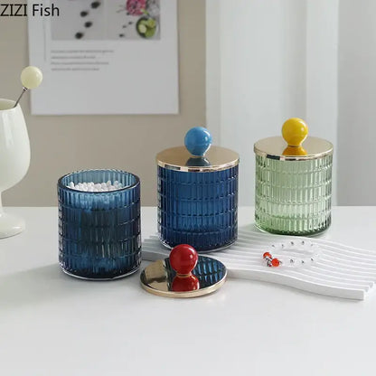 Colorful ribbed glass tea canister set kitchen storage jar