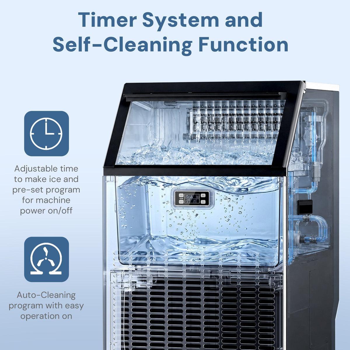 Commercial Ice Maker, Freestanding Square Ice Cube Maker 265lbs/24h, 55lbs Storage Bin, Full Heavy Duty Stainless Steel Construction