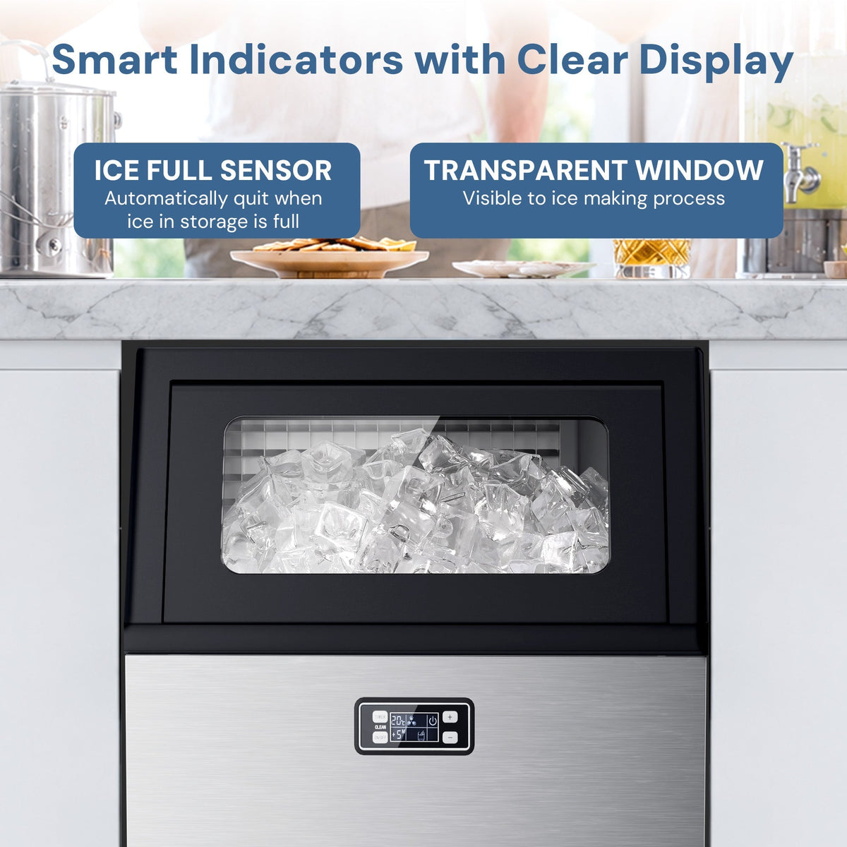 Commercial Ice Maker, Freestanding Square Ice Cube Maker 265lbs/24h, 55lbs Storage Bin, Full Heavy Duty Stainless Steel Construction