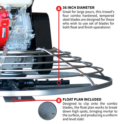 36" Concrete Power Trowel 5.5HP Honda with Float Pan Cement Finishing Tool
