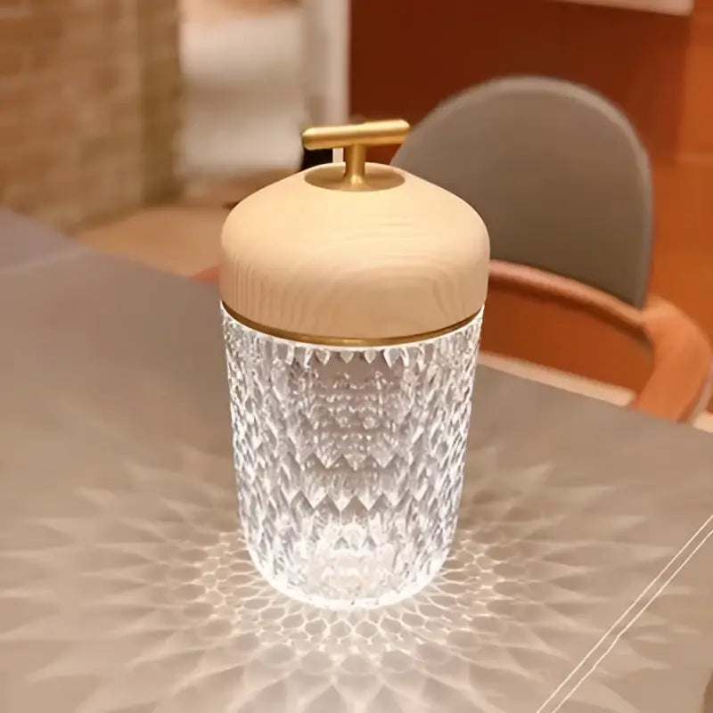 Conical crystal bedside lamp with wood lid for bedroom atmosphere