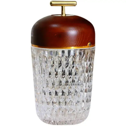 Conical crystal bedside lamp with wood lid for bedroom atmosphere