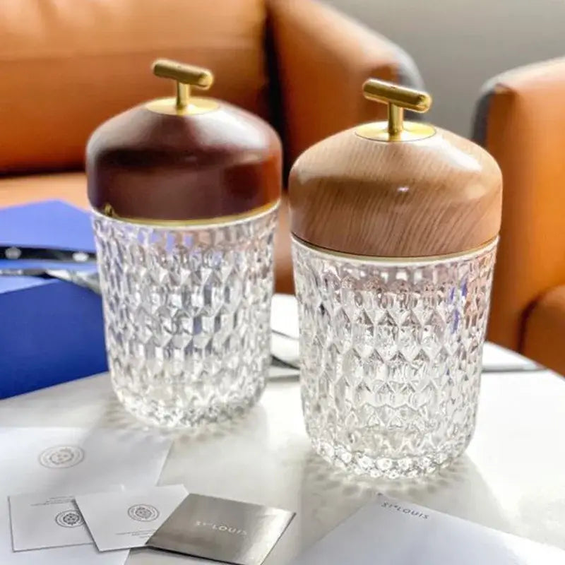 Conical crystal bedside lamp with wood lid for bedroom atmosphere