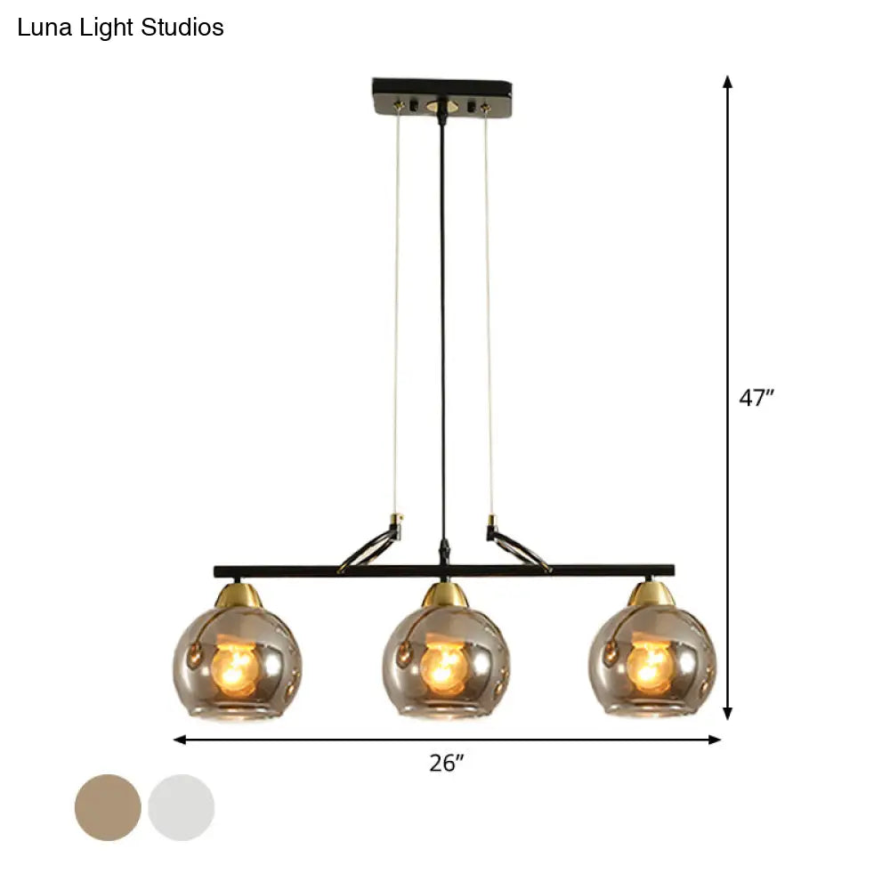 DecorBites™ Contemporary 3-Bulb Sphere Pendant Light Fixture for Dining Hall Island - Clear/Smoke Gray Glass Design
