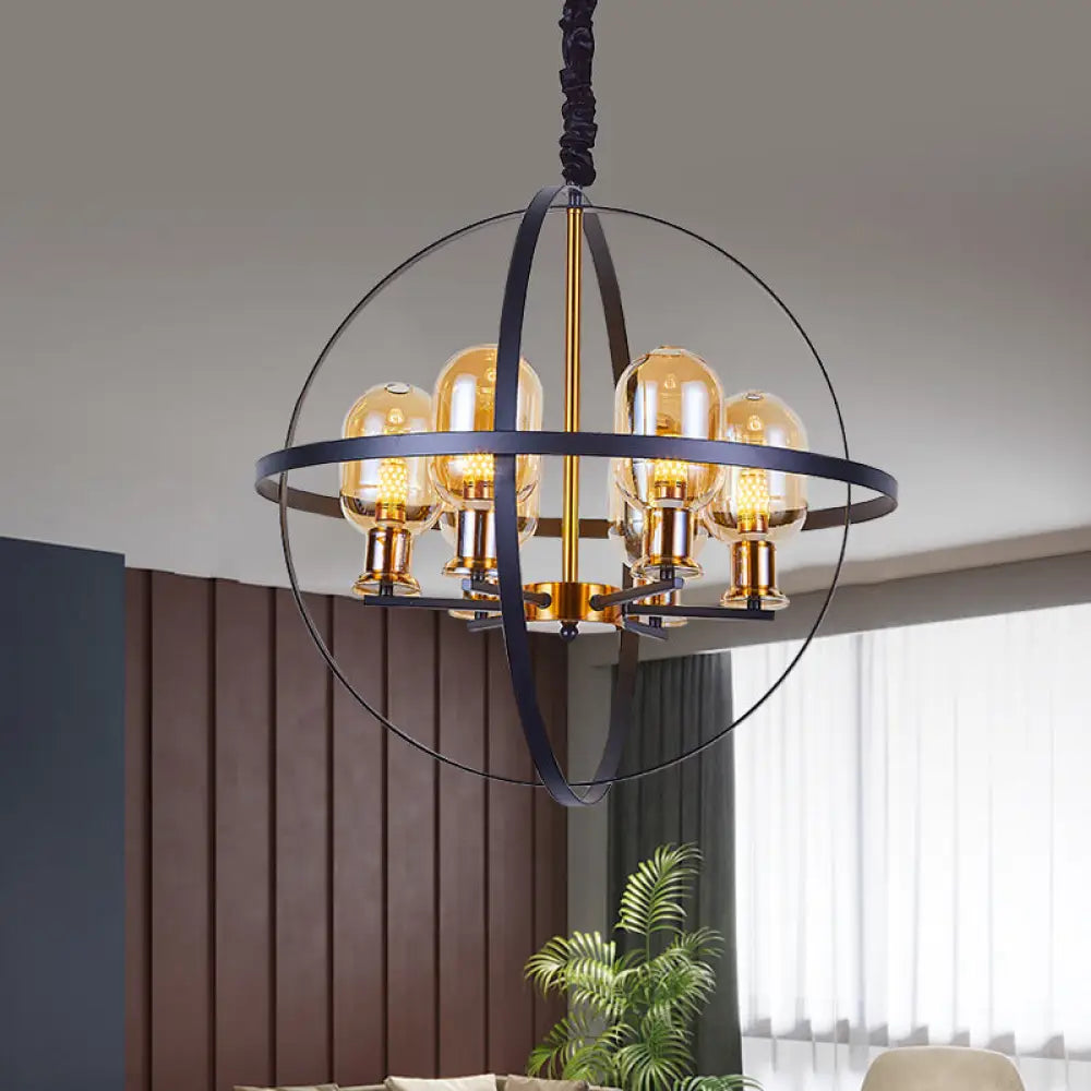 DecorBites™ Contemporary Amber Glass Pendant Chandelier with Orb Frame Design - 4/6-Light Suspension Lamp in Black-Gold