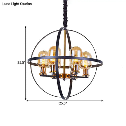 DecorBites™ Contemporary Amber Glass Pendant Chandelier with Orb Frame Design - 4/6-Light Suspension Lamp in Black-Gold