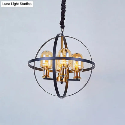 DecorBites™ Contemporary Amber Glass Pendant Chandelier with Orb Frame Design - 4/6-Light Suspension Lamp in Black-Gold