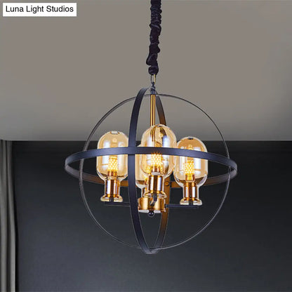 DecorBites™ Contemporary Amber Glass Pendant Chandelier with Orb Frame Design - 4/6-Light Suspension Lamp in Black-Gold