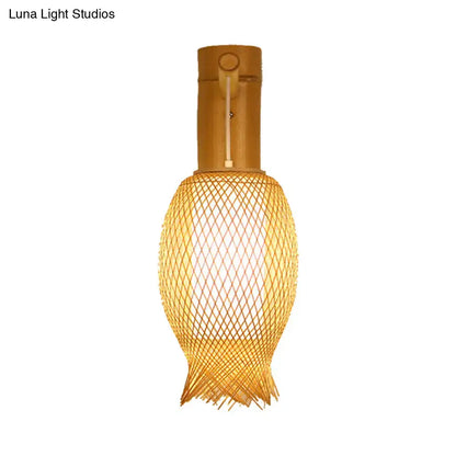 Contemporary bamboo golden wall light fixture – bedroom woven lantern
