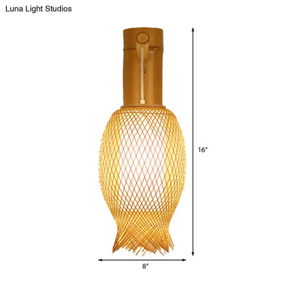 Contemporary bamboo golden wall light fixture – bedroom woven lantern