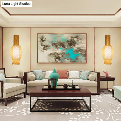 DecorBites™ Contemporary Bamboo Wall Sconce Light with Inner White Cylinder Shade