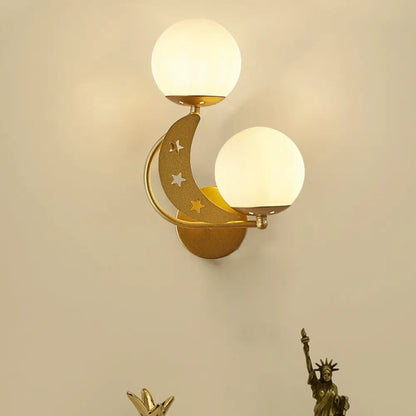 DecorBites™ Contemporary Bedroom Sconce Light: 2 Bulbs Black/Gold Wall Lamp with Milky Glass Ball Shades (Left/Right)