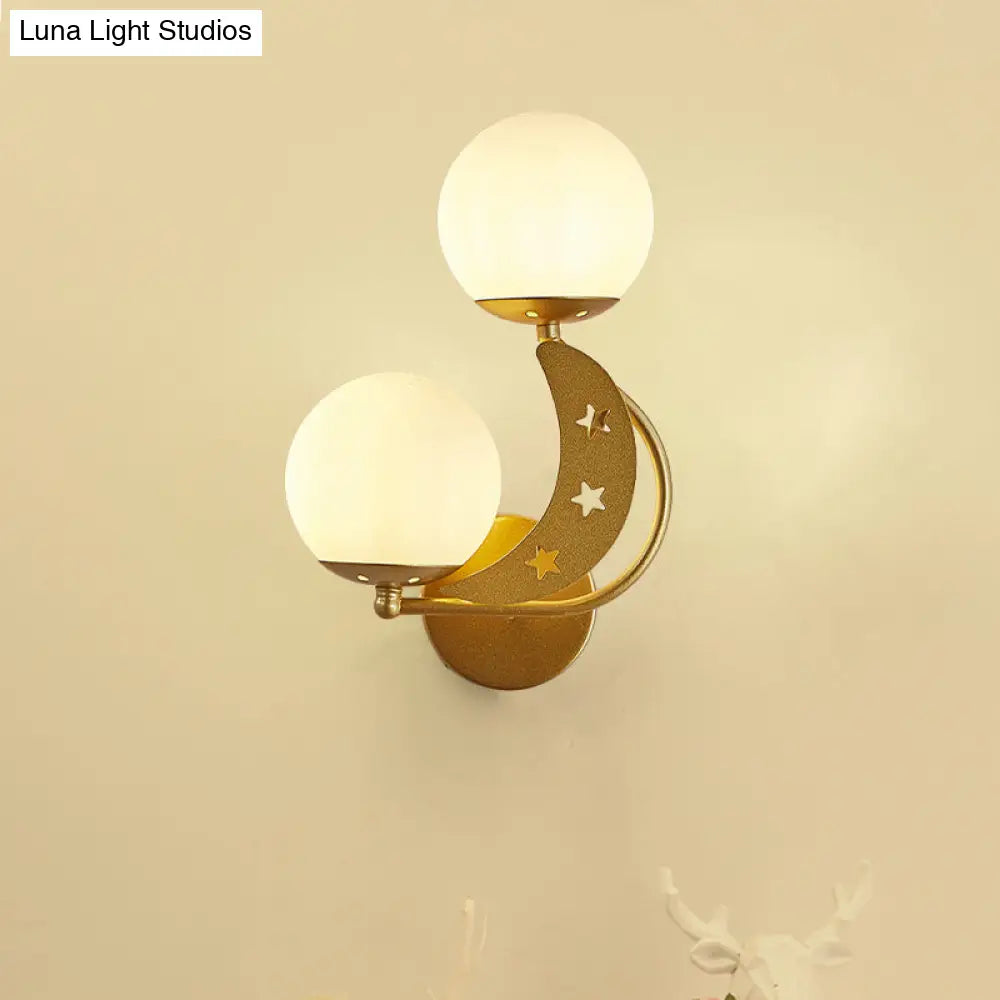 DecorBites™ Contemporary Bedroom Sconce Light: 2 Bulbs Black/Gold Wall Lamp with Milky Glass Ball Shades (Left/Right)