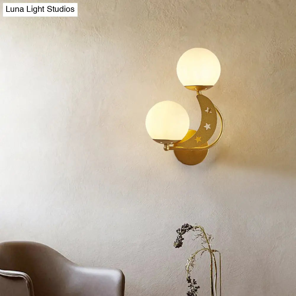 DecorBites™ Contemporary Bedroom Sconce Light: 2 Bulbs Black/Gold Wall Lamp with Milky Glass Ball Shades (Left/Right)