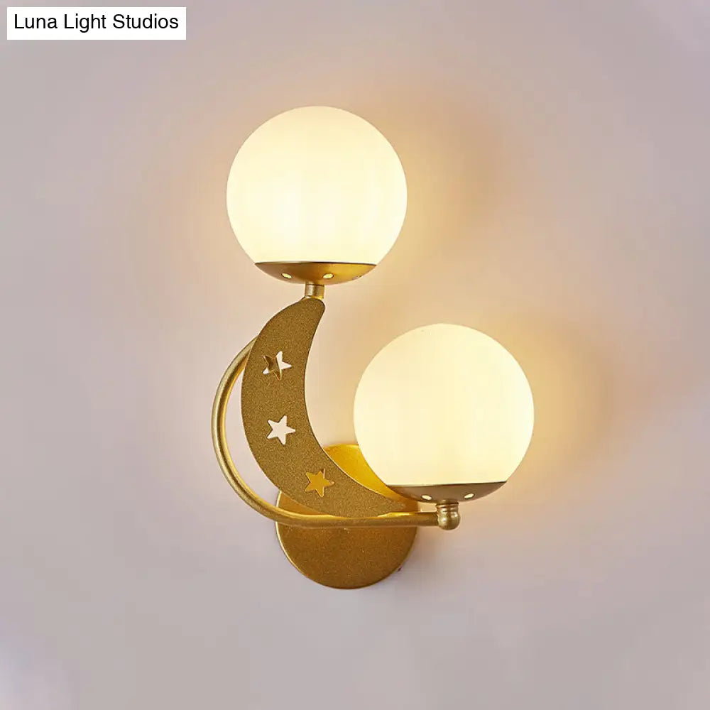 DecorBites™ Contemporary Bedroom Sconce Light: 2 Bulbs Black/Gold Wall Lamp with Milky Glass Ball Shades (Left/Right)