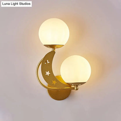 DecorBites™ Contemporary Bedroom Sconce Light: 2 Bulbs Black/Gold Wall Lamp with Milky Glass Ball Shades (Left/Right)