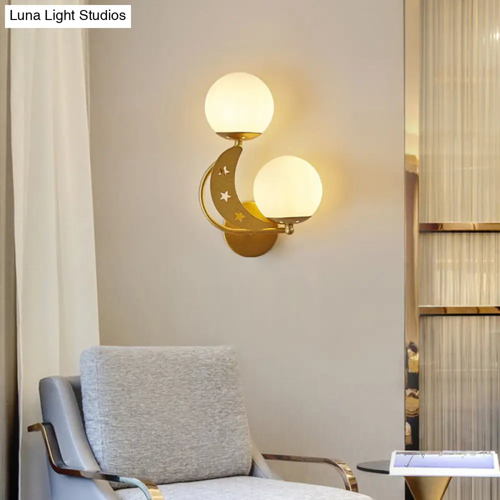 DecorBites™ Contemporary Bedroom Sconce Light: 2 Bulbs Black/Gold Wall Lamp with Milky Glass Ball Shades (Left/Right)