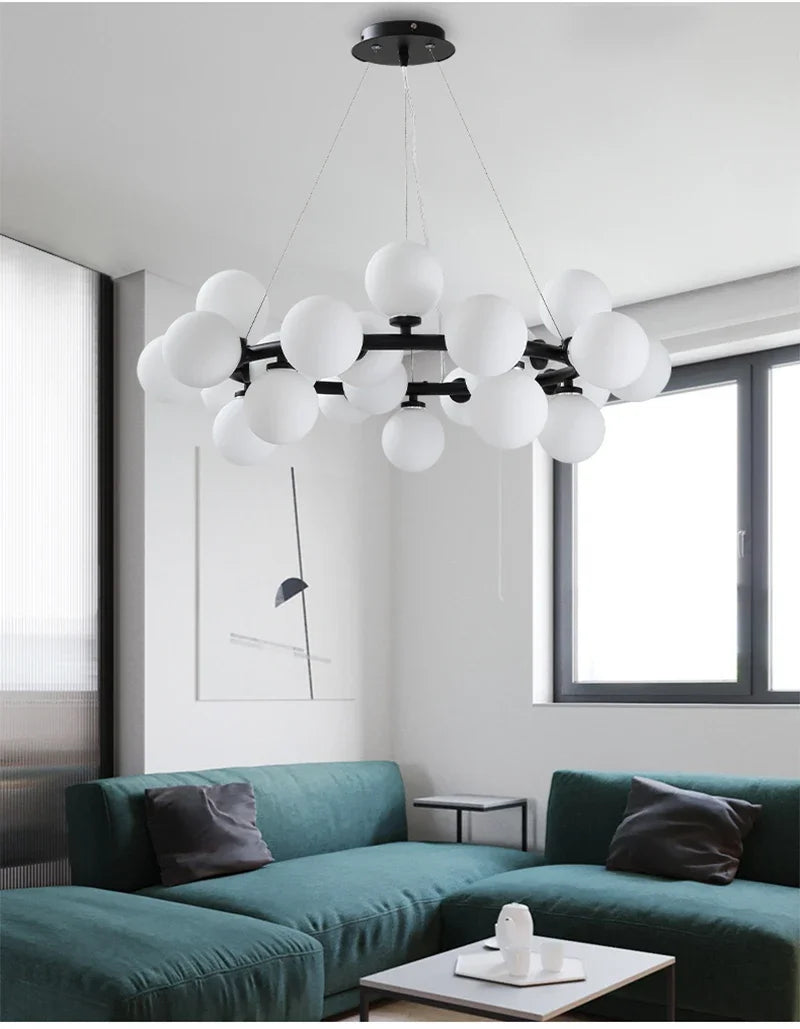 DecorBites™ Contemporary Black and Gold Chandelier - White Glass Ball