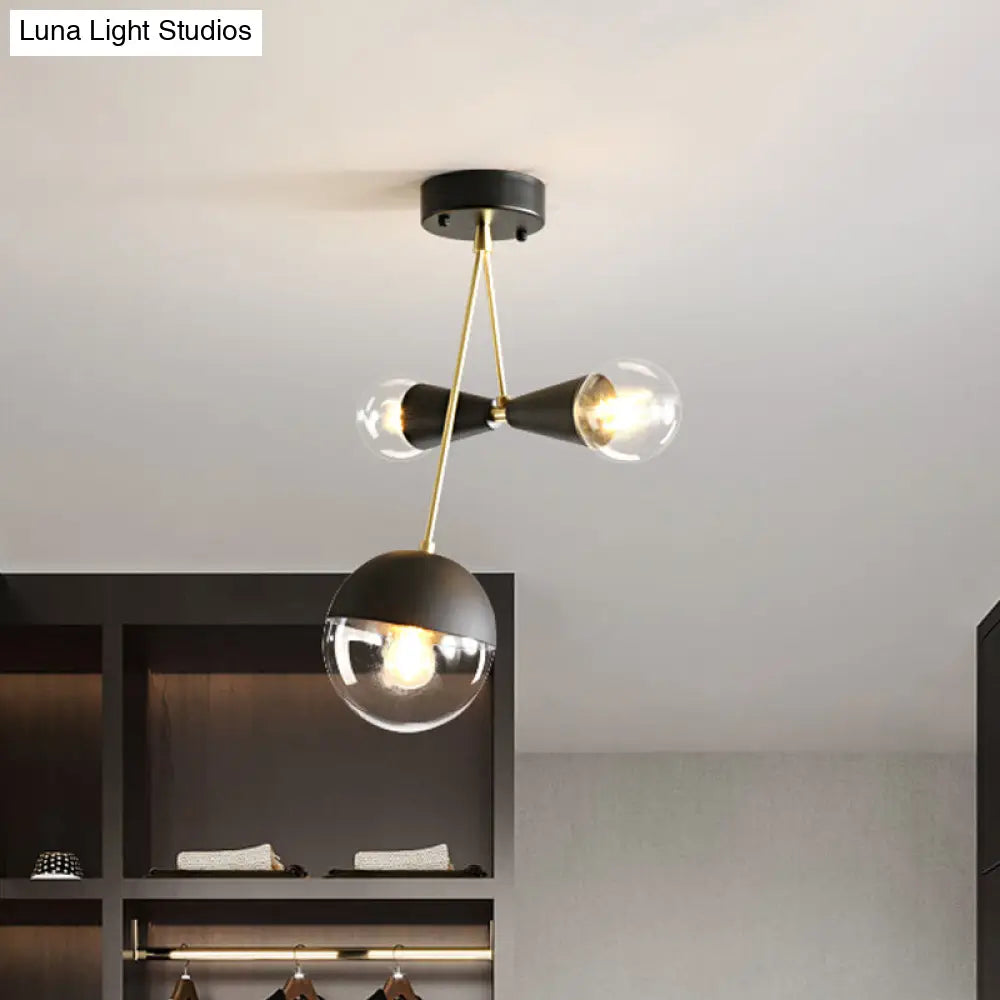 DecorBites™ Contemporary Black Ball and Hourglass Semi Flush Mount Ceiling Light with 3 Bulbs – Clear Glass