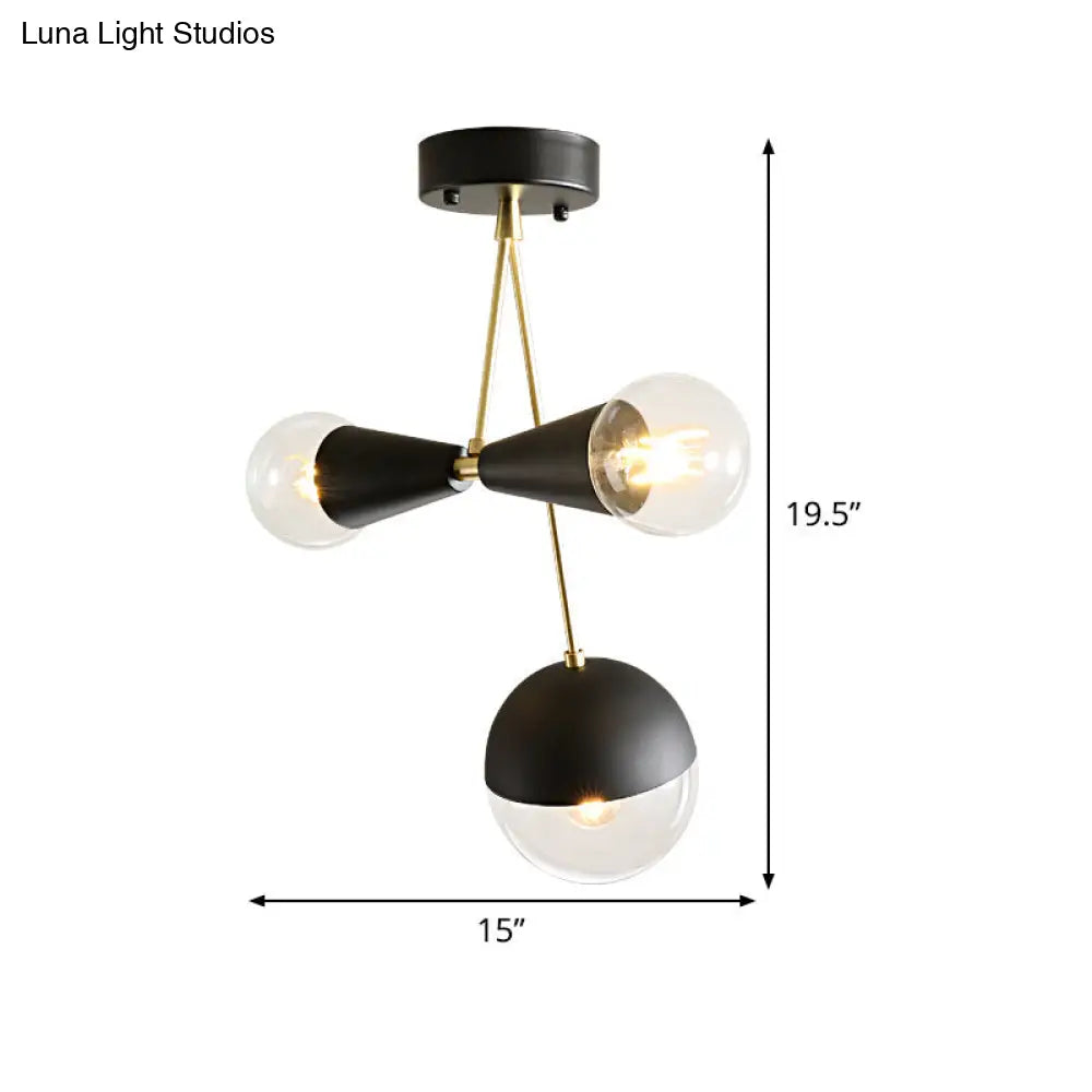 DecorBites™ Contemporary Black Ball and Hourglass Semi Flush Mount Ceiling Light with 3 Bulbs – Clear Glass