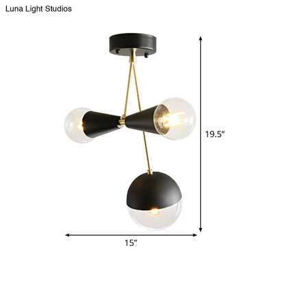 DecorBites™ Contemporary Black Ball and Hourglass Semi Flush Mount Ceiling Light with 3 Bulbs – Clear Glass